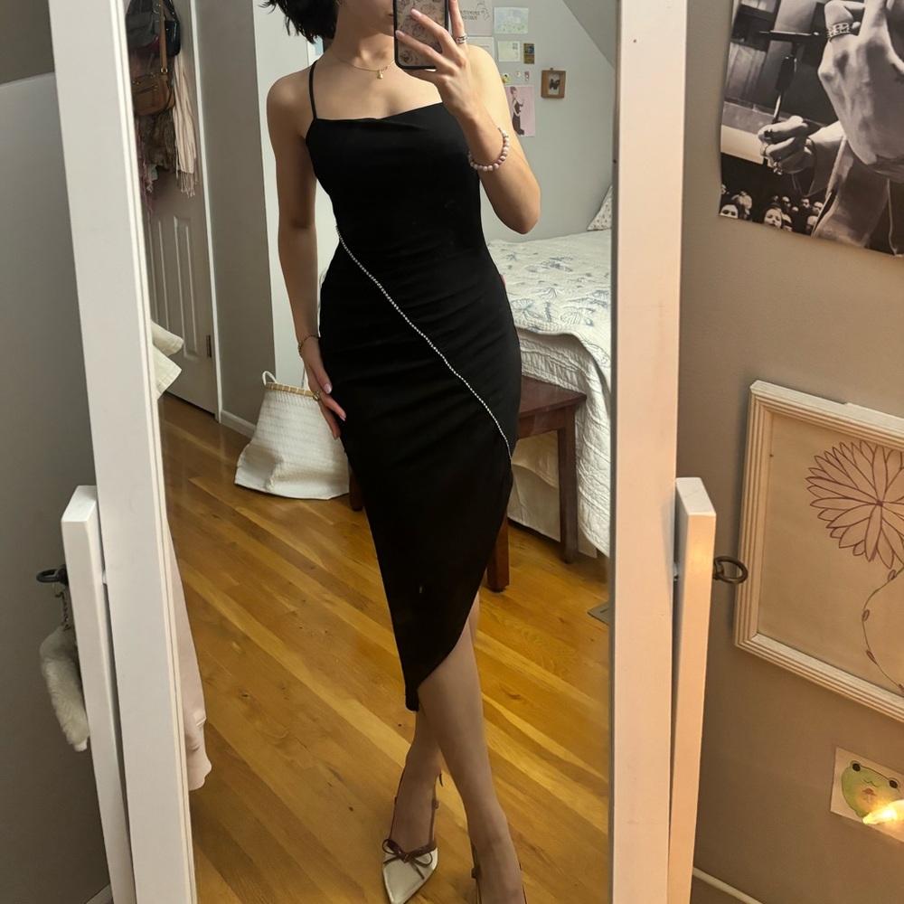 Windsor Black Asymmetrical Dress with Silver Detail